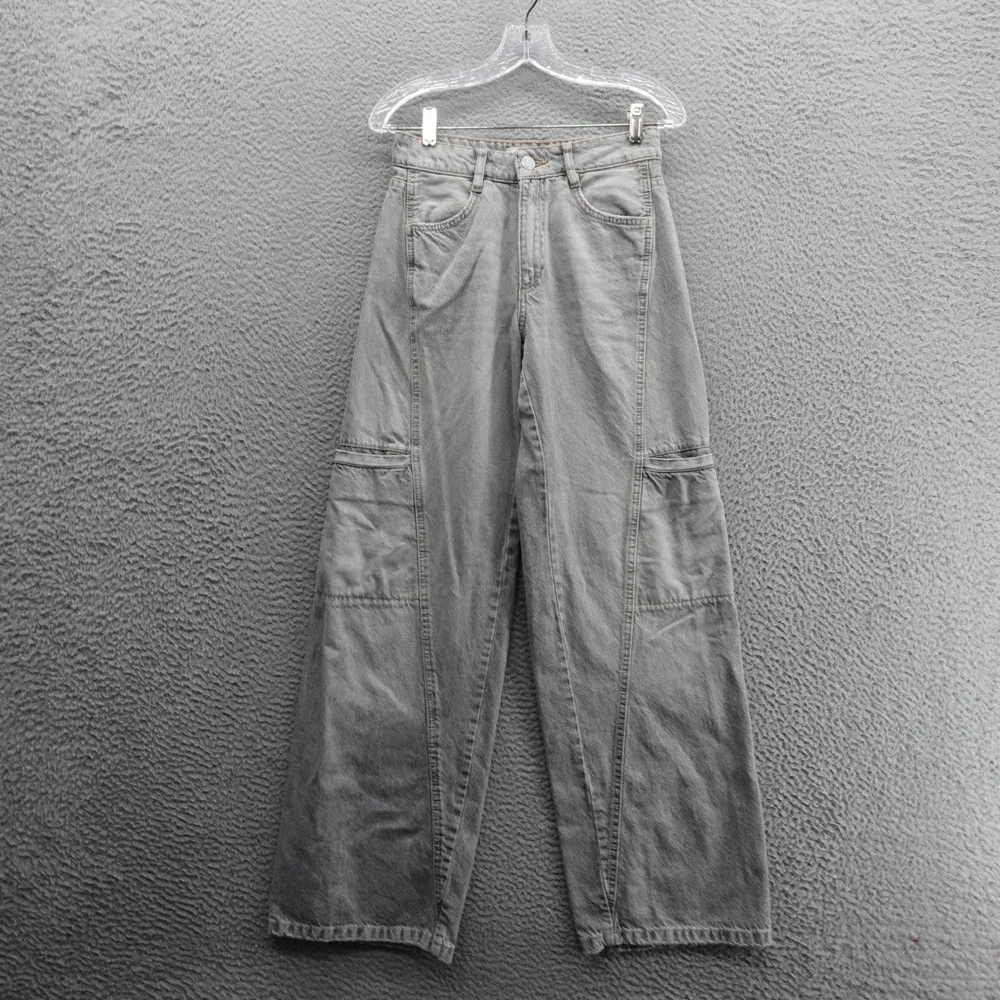 Zara Wide Leg Cargo Jeans Size 2 Gray Womens Mid Rise Denim‎ Casual Grunge